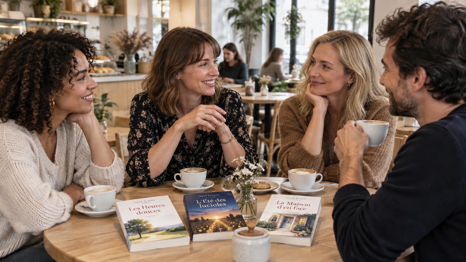 Une autrice et trois lecteurs partagent un café et quelques romans dans un café lumineux